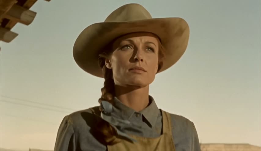 A cinematic close-up of a woman in a wide-brimmed hat under a pale sky