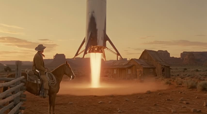 A lone rider at dusk watching a rocket lift off behind a frontier ranch
