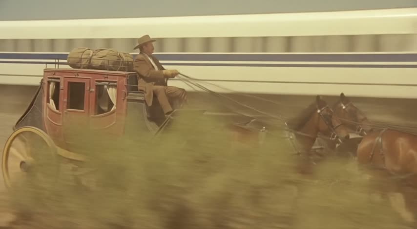 A stagecoach racing beside a modern high-speed train across open desert
